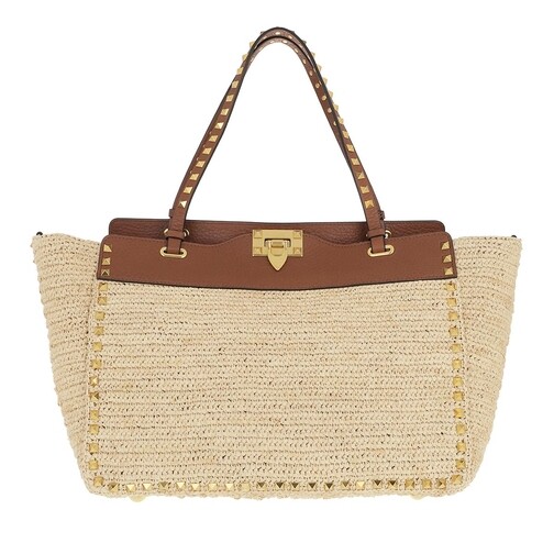Valentino Garavani Medium Rockstud Tote Bag Straw Natural/Cognac