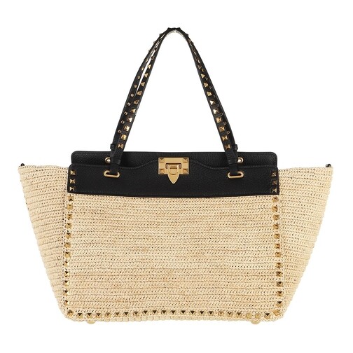 Valentino Garavani Medium Rockstud Tote Bag Straw Natural/Black Tote
