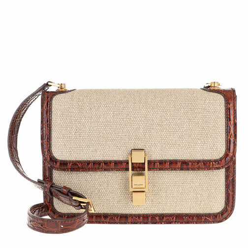 Saint Laurent Carré Satchel Canvas Crocodile Embossed Leather Beige Crossbody Bag